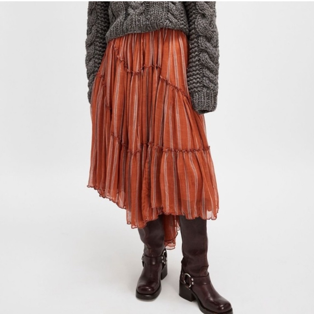 Free People Rust Orange Striped Midi Skirt